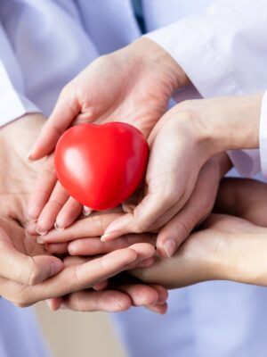 Group of hands holding a red heart. Hand of doctors. donate and insurance, insurance health care, love, family insurance, and CSR concept